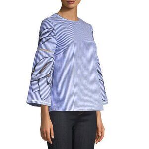 Tanya Taylor Embroidered Martine Poplin Top Blue Size 8 Striped Coastal Resort